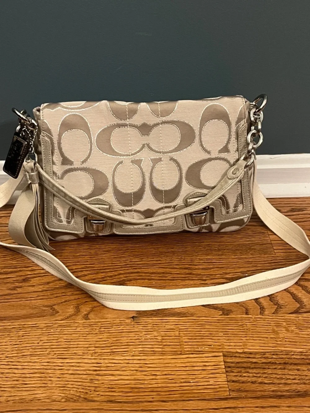Coach Poppy Signature C Metallic Sateen & Leather Messenger Flap Satchel #18352